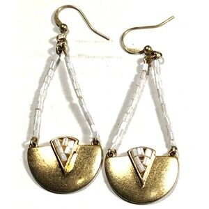 Vintage Gold Tone White Bead Triangle Dangle Earrings Chunky Retro Pierced 80s